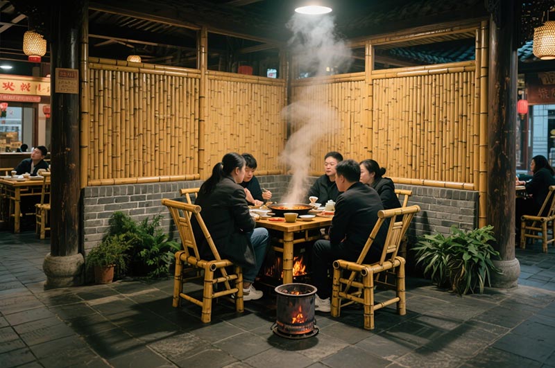 采用竹、木、青磚等傳統(tǒng)材質(zhì)的火鍋店裝修效果圖