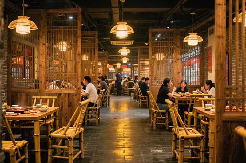 采用竹、木、青磚等傳統(tǒng)材質(zhì)的火鍋店裝修效果圖